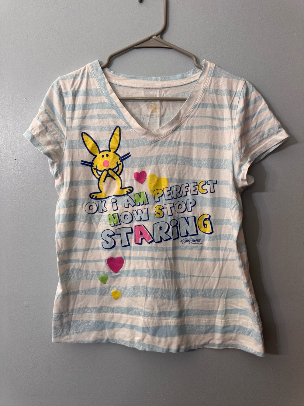 Vintage Y2K Happy Bunny Striped V-Neck T-Shirt "OK I Am Perfect Now Stop Staring